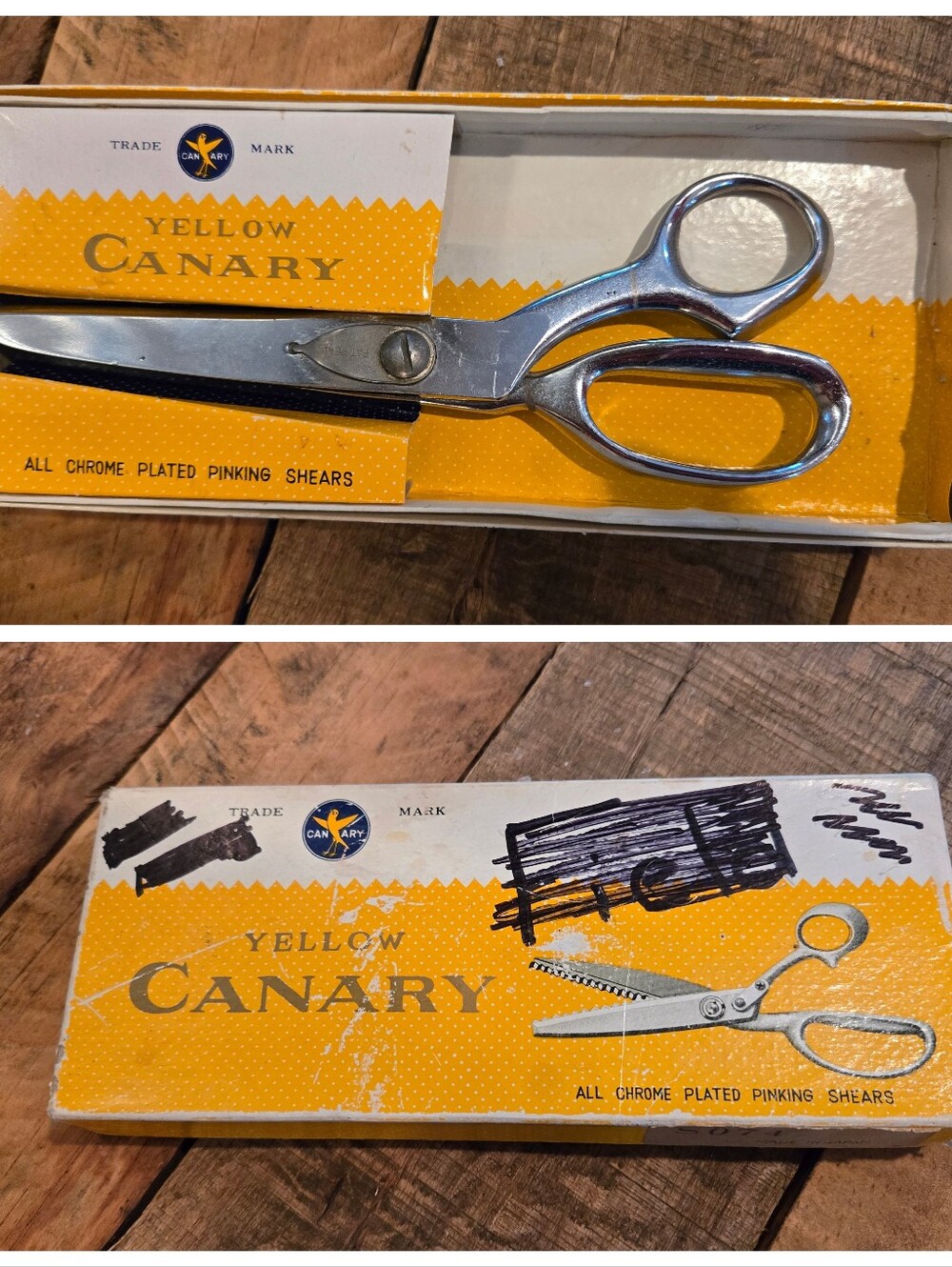 Vtg Scissors Pinking Shears Chrome Plated Yellow Canary In Box
